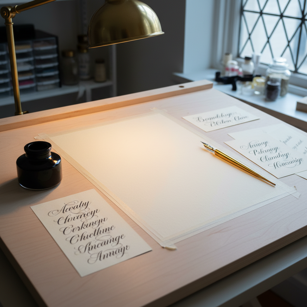 An artful composition of a calligrapher’s desk prepared for an upscale event suite: a sheet of thick, blank cotton paper taped to a smooth drawing board, flanked by an obsidian-black ink well, a brass oblique nib holder, and practice sheets filled with flowing, romantic script. A vintage brass task lamp casts a warm, focused pool of light across the workspace, while cooler ambient daylight from a nearby window softens the surrounding studio. The interplay of warm and cool tones creates depth and subtle contrast in this photographic image. Shot from a slightly elevated three-quarter angle with gentle background blur, the mood is contemplative, refined, and quietly creative, emphasizing the artistry behind the stationery.