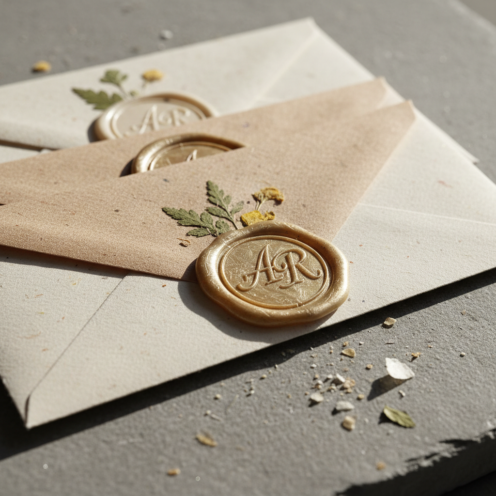 A stack of artisanal envelopes made from recycled, speckled cotton paper in shades of warm white and pale mushroom, their pointed flaps adorned with hand-poured, botanical wax seals embossed with a delicate monogram. The stack rests at a slight angle on a slate-gray stone surface dusted with stray paper fibers and tiny wax fragments. Soft, directional natural light from the right produces subtle rim lighting on the seal edges and casts graceful, elongated shadows. Captured in tight, photographic close-up with a very shallow depth of field, the foreground seal is crisply detailed while the rest recedes into velvety blur, creating a sophisticated, intimate, and tactile atmosphere.